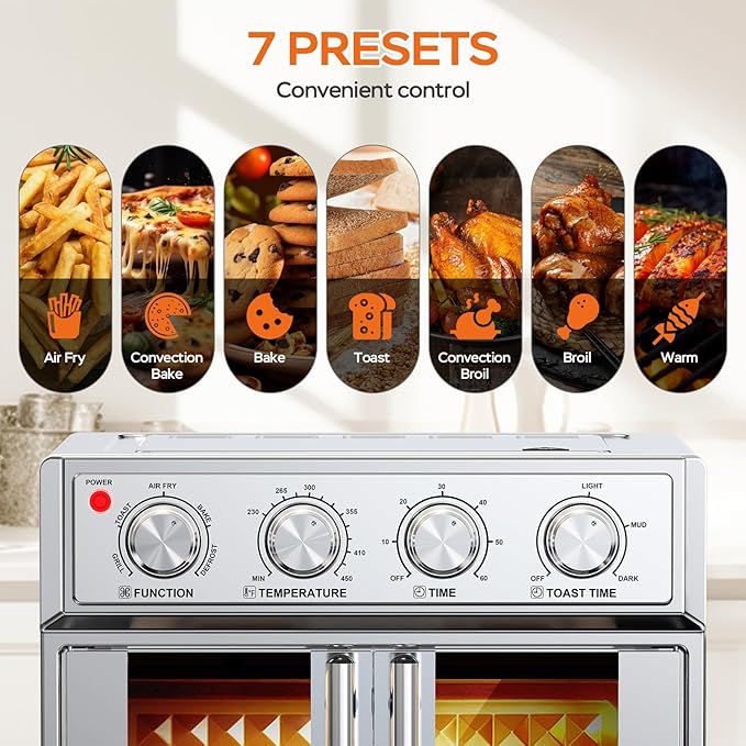PlumChef 29.5QT Large capacity French Double-Door Air Fryer Convection Toaster Oven,1700W,7 Preset Menus,7-in-1 Multi-Function for Bake, Roast, Grill, Toast,Dehydrate& Defrost, Stainless Steel,silvery