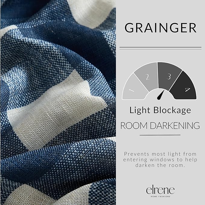 Elrene Home Fashions Farmhouse Living Grainger Buffalo-Check Room Darkening Window Curtain, Living Room and Bedroom Drape with Rod Pocket Tabs, 52" x 108", Indigo, 1 Panel