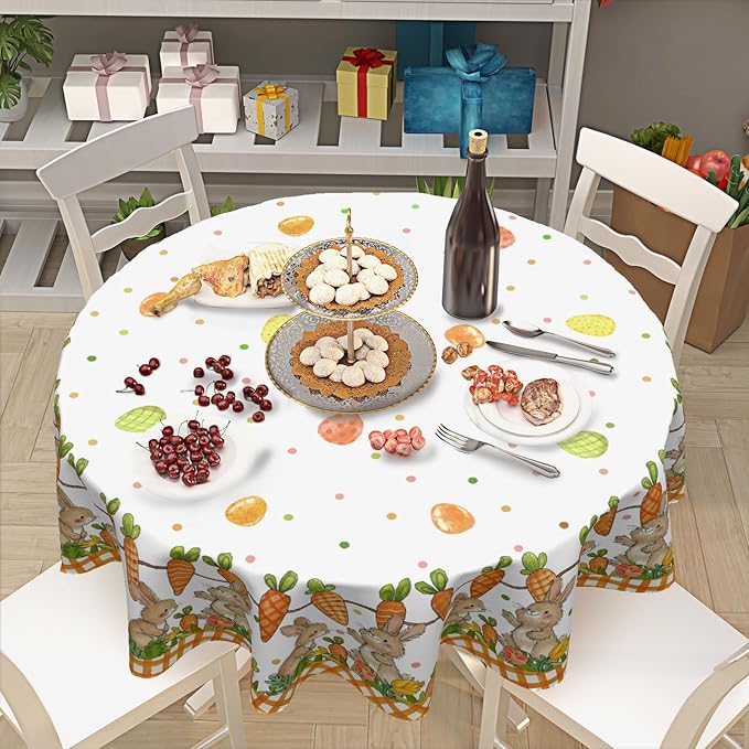 Easter Round Tablecloth 70 Inch Easter Bunny Carrot Egg Orange Buffalo Plaid Circle Table Cloth Seasonal Holiday Rustic Table Cover for Party Kitchen Dinner Home Decor