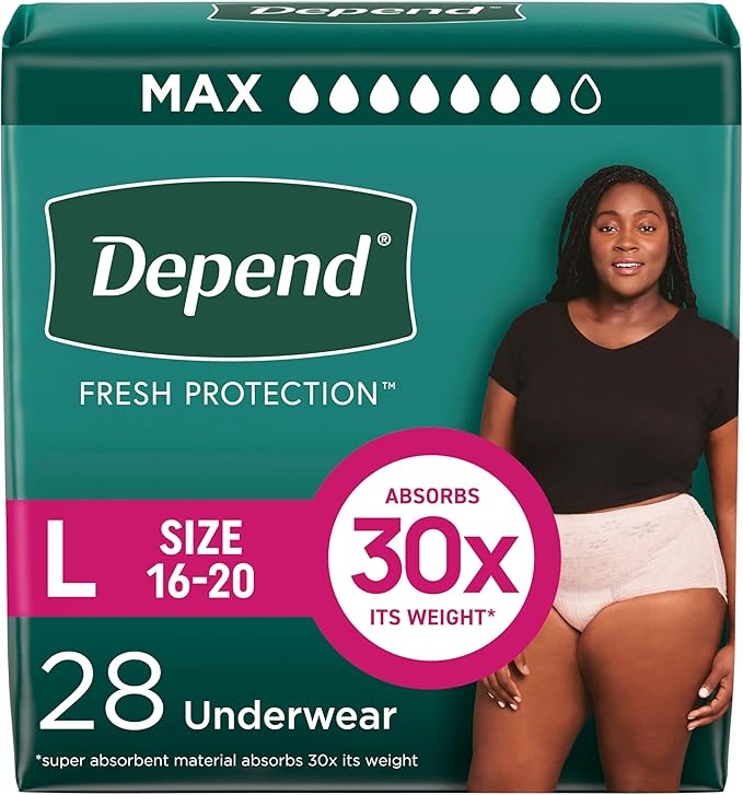 Depend Fresh Protection Adult Diapers, Incontinence & Postpartum Bladder Leak Underwear for Women, Disposable, Maximum, Large, Blush, 28 Count, Packaging May Vary