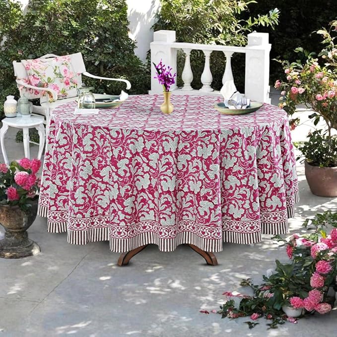 Ridhi Block Print Round Deep Pruce Red Reusable Tablecloth 100% Cotton 120" Inch Decorative Table Cover eveyday Dining, Home, Party, Wedding, Farmhouse Gift for Spring, Easter, Valentine
