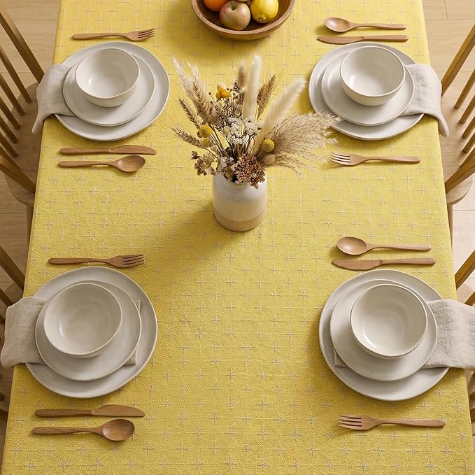 Horaldaily Yellow Rectangular Table Cloth, Cross-Star Solid Textured Embroidery Tablecloth, Wrinkle Free Washable 60×140 Inch Table Cover for Kitchen, Party, Wedding, Picnic, Outdoor