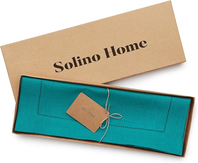 Solino Home Linen Placemats Set of 4 - Classic Hemstitch Teal Placemats 14 x 19 Inch - 100% Pure Linen Table Mats