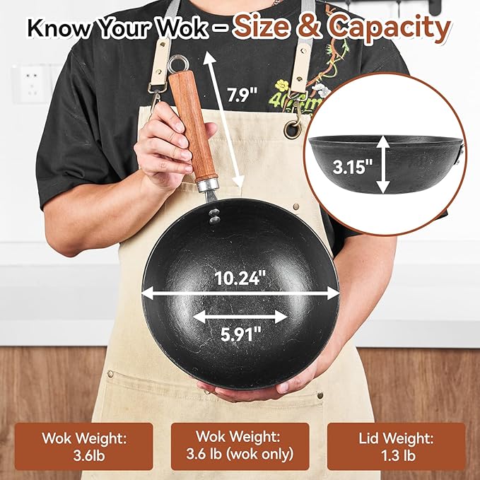 10.2 Inch Cast Iron Wok with Glass Lid, Pre-Seasoned Flat Bottom Wok for Stir-Fry & Saute, Uncoated Iron Wok Pan for Electric, Gas & Induction Cooktops