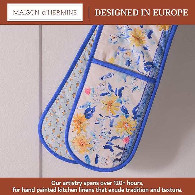 Maison d' Hermine Double Oven Mitts 100% Cotton 7"x35" Double Oven Mitt Heat Resistant BBQ Cooking Gloves with Loop, Baking, Grilling, Home, Kitchen, Handling Hot Pans Spring Summer (Girassol)