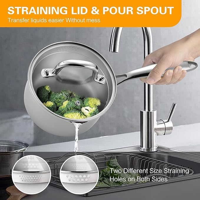 Tri-Ply Stainless Steel Sauce Pan with Steamer Basket & Straining Glass Lid — Heavy-Duty,Thick Base,Rust-Resistant,Warp-Free —100% Food-Grade —Built to Last– Works with All Stovetops, Pasta Pot 3.5 QT