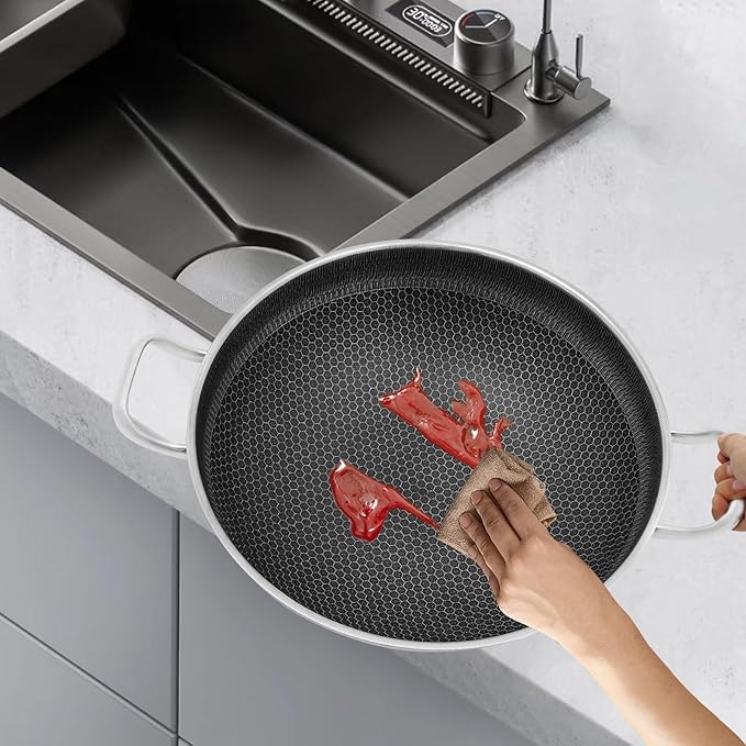 Wok Pan,Hybrid Wok with Lid,Non Stick Stainless Steel Woks & Stir-fry Pans Nonstick Frying Pan Dishwasher and Oven Safe, Works on Induction (14 inch)