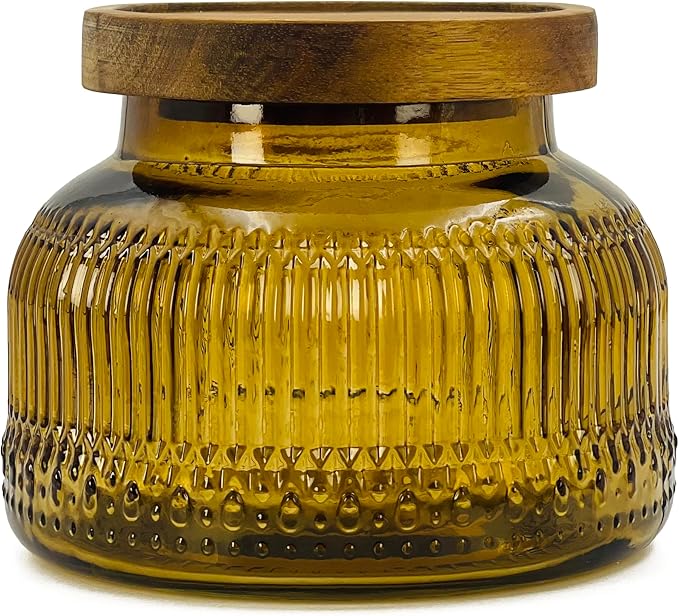 Decorative Amber Glass Jar with Airtight Wooden Lid 25.4 oz, Wide Mouth Vintage Kitchen Food Storage Container for Cookie Candy Honey Flour Spice Coffee Tea, Home Decor Sand Candle Holder Vase