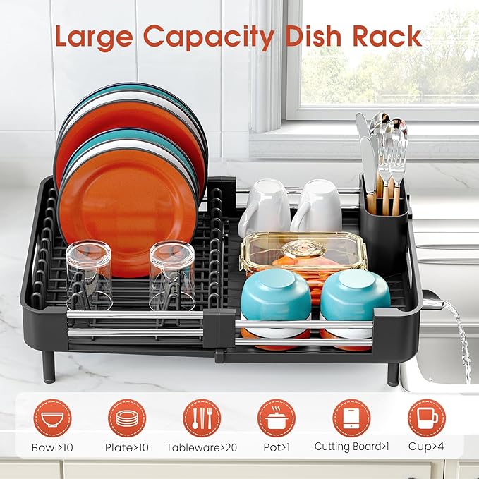 TOOLF Dish Drying Rack with Drainboard, Extendable Dish Rack for Kitchen Counter, Expandable Dish Drainer, Dish Strainer, Foldable Home Countertop Plate Storage Rack with Cutlery Holder, Black