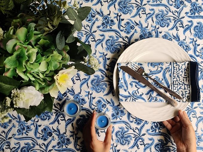 ATOSII Midnight Bloom 100% Cotton Fall Tablecloth, Handblock Print Blue Square Table Cloth for Kitchen Dining Table Linen I Parties Wedding Christmas Thanksgiving Outdoor Fall Decor 60 X 60 Inches