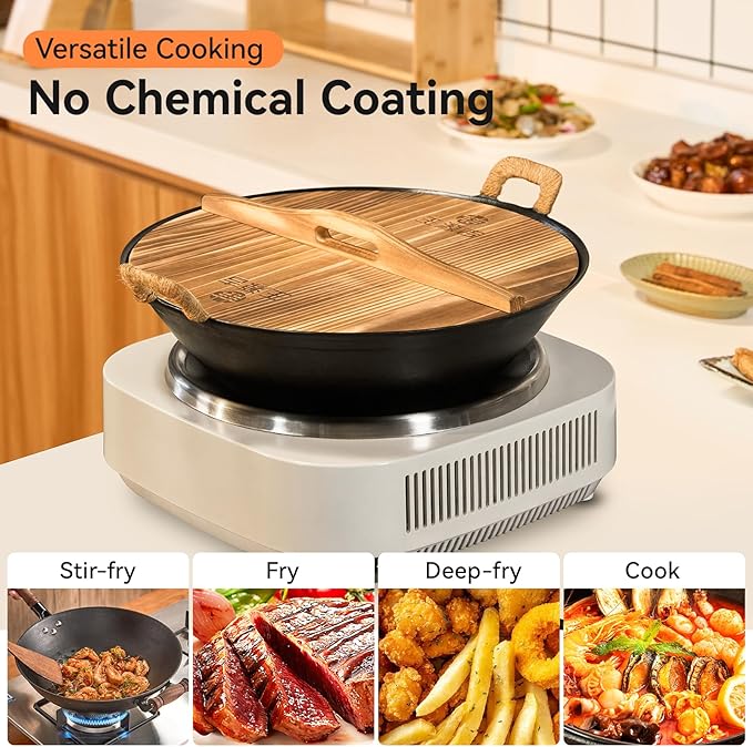 WANGYUANJI 13.4 Inch Cast Iron Wok with Wooden Lid and Stainless Steel Spatula, Flat Bottom Double-Handle Chinese Stir Fry Pan, Uncoated Cast Iron Wok for Induction, Gas and Electric Stoves
