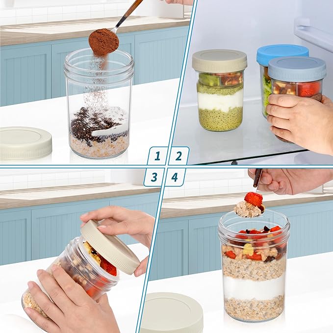 16 oz Overnight Oats Containers with Airtight Lids - 4-Pack Leak-Proof Wide Mouth Mason Jars & Divided Cups for Dried and Wet Foods, Glass Jars for Chia Pudding, Salad, Snacks, and Yogurt