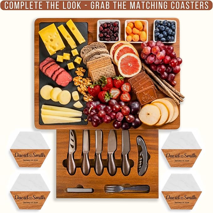 Personalized Acacia Wood Charcuterie Board Set with Stainless Steel Knives – Custom Cheese Board for Wedding, Valentines Day Gifts for Her, Housewarming, Bridal Shower, Anniversary, Women and Couples
