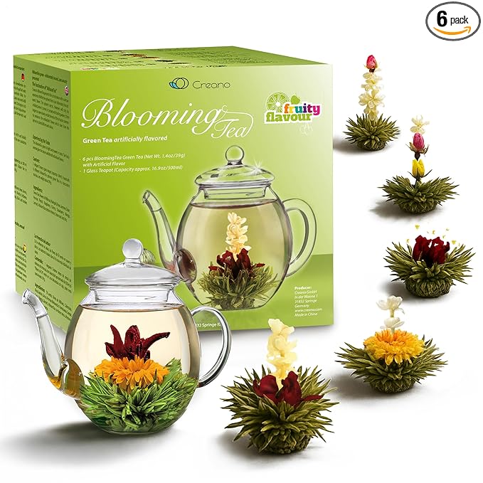 Creano Blooming Tea Gift Set with Glass Teapot 17oz (500ml) - Green Tea Fruity Flavoured Tea Flowers in 6 Varieties - Flowering Tea Gift for Easter