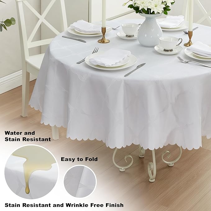Newbridge Ribbons and Bows Damask Spring & Easter Holiday Fabric Tablecloth, White, 90 Inch Round, Wrinkle & Stain Resistant Table Cover