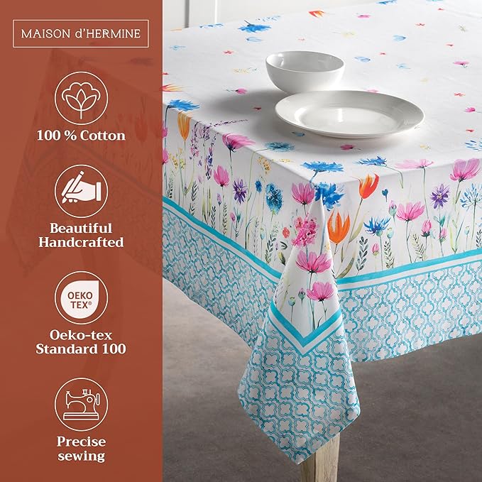 Maison d' Hermine Table Cloth Rectangle Table 100% Cotton 54 x 72 Inches Tablecloth Reusable Decorative for Dining Room Farmhouse Home Valentines Day Decorations Spring Summer - Flower in The Field