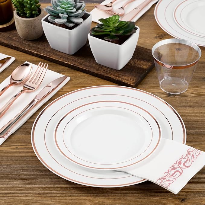 FOCUSLINE 600 Ct Rose Gold Dinnerware Set for 100 Guests - Rose Gold Rimmed Disposable Plastic Plates, Includes 100 Dinner & Salad Plates, Cups, Cutlery Set for Wedding Parties
