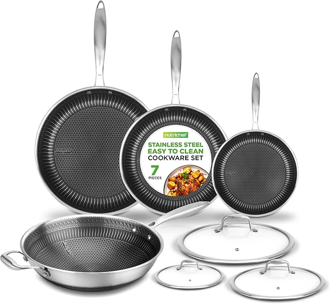 7-Piece Cookware Set Stainless Steel - Triply Kitchenware Pans Set Kitchen Cookware w/DAKIN Etching Non-Stick Coating - Small, Medium, & Large Stir Fry Pan with Lid, Wok - NutriChef NC3PLY7S