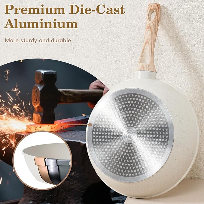 12 Pcs Pots and Pans Set Non Stick, Cookware Sets White Granite Induction Cookware, Non-toxic Healthy Nonstick Kitchen Cooking Set with Frying Pan Set, Saucepans (PFAS/PFOA/PFOS Free)