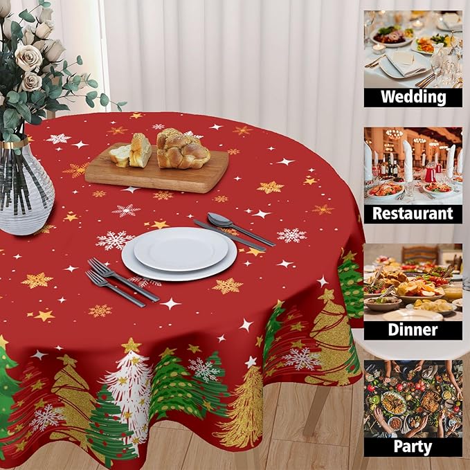 Christmas Tablecloth Round 60 Inch Xmas Theme Red and Gold Trees Snowflake Decorative Table Cloth Winter Holiday Table Cover for Kitchen Dinner Home Decor