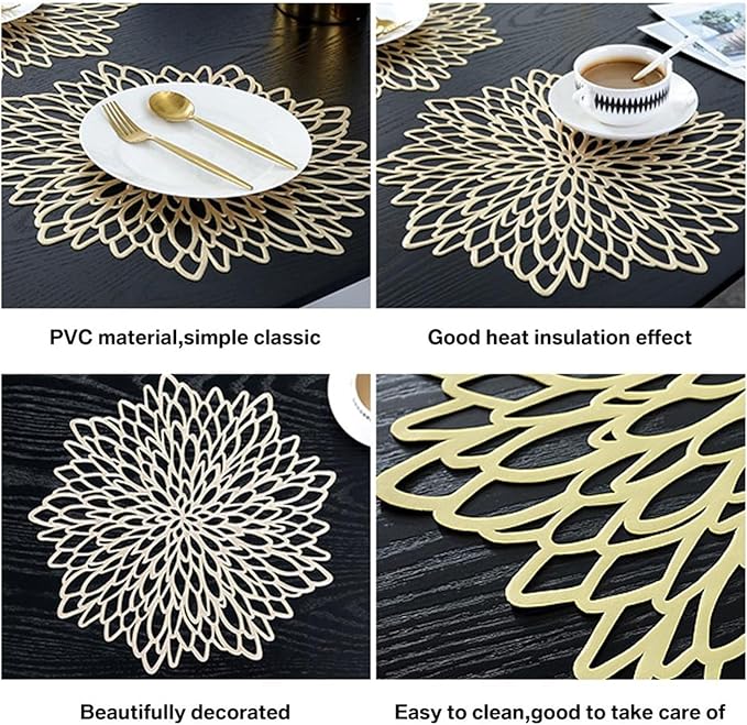 4/6/8PCS PVC Placemat for Dining Table Hollow Pad Coaster Pads Table Bowl Mats(B Gold,4 PCS_38CM)