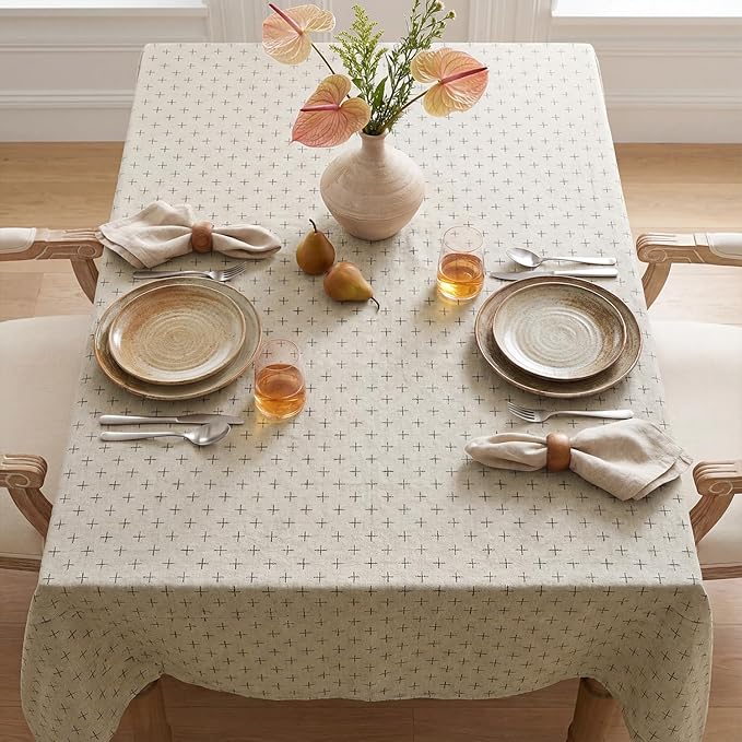 Horaldaily Beige Rectangular Table Cloth, Cross-Star Solid Textured Embroidery Tablecloth, Wrinkle Free Washable 60×120 Inch Table Cover for Kitchen, Party, Wedding, Picnic, Outdoor
