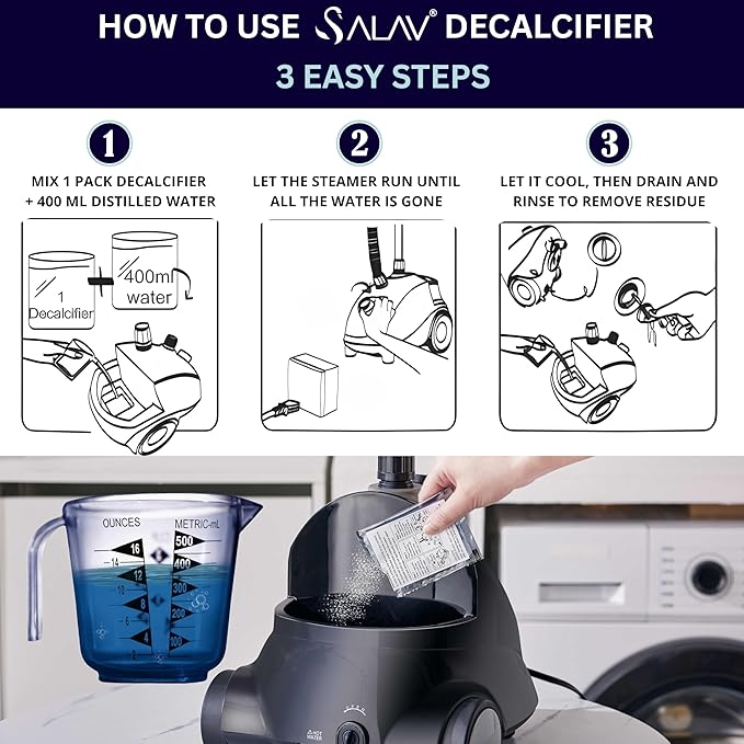 SALAV Garment Steamer Descaling Solution Decalcifier Packets for Mineral Deposits and Build-up Removal, Maintenance for Clothes, Works with all Garment Steamer Brands, Cleans Build Up, 5 packs