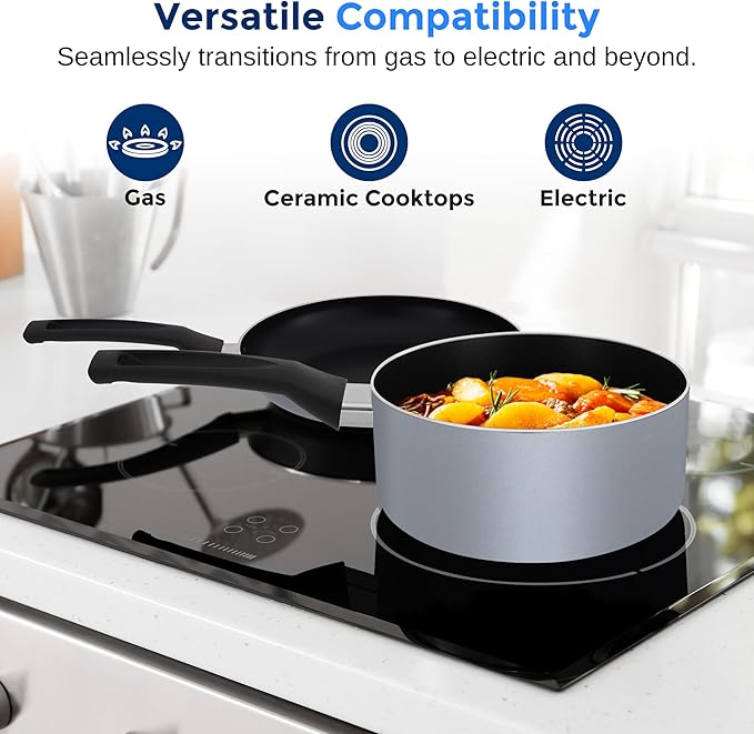 SereneLife Kitchenware Pots & Pans, Basic Kitchen Cookware Set, Black Non-Stick Coating Inside, Heat Resistant Lacquer (20-Piece Set), One Size, Gray
