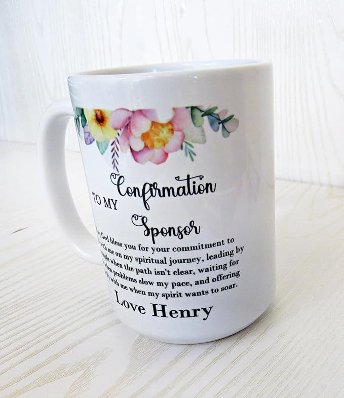 Personalized Confirmation Sponsor Mug – Custom Thank You Gift with Name – Religious Appreciation Present for Mentor or Godparent – Floral Faith Keepsake