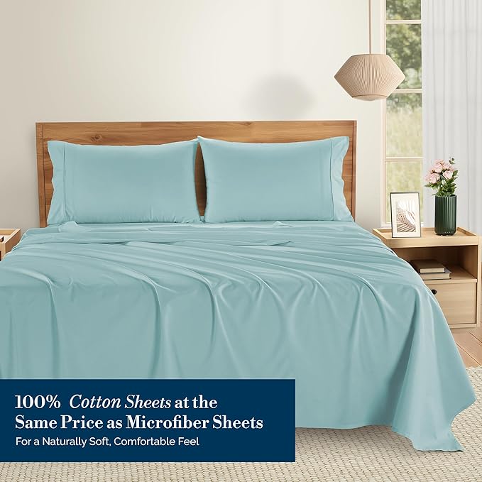 Casa Platino Twin Sheets Sets – 100% Cotton Twin Sheets Cooling with 2 Pillowcases, 15" Deep Pocket Fitted Sheet, Crisp & Smooth Feel, Ultra Soft & Cozy, Fit – Blue Sky