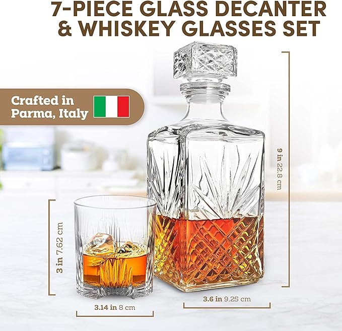 Bormioli Rocco Selecta Collection 33.75 oz. Whiskey Decanter with Glass Stopper and 6 Tumbler Glasses