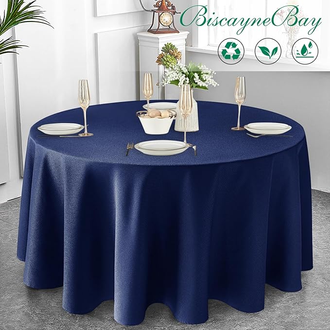 Biscaynebay Textured Fabric Round Tablecloths 90", Navy Water Resistant Washable Table Cloths Circle Folding Table Covers Linen for Dining, Kitchen, Wedding & Parties etc