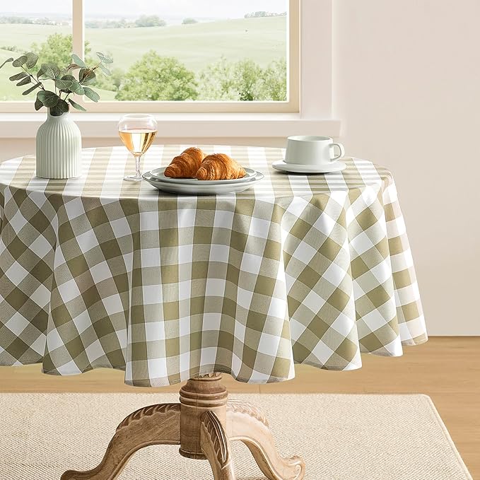 Checkered Tablecloth Rectangle Gingham Table Cloths Waterproof Wrinkle Free Buffalo Plaid Table Covers Washable for Dining, Parties & Outdoor Picnic(Khaki and White, 60" Round)