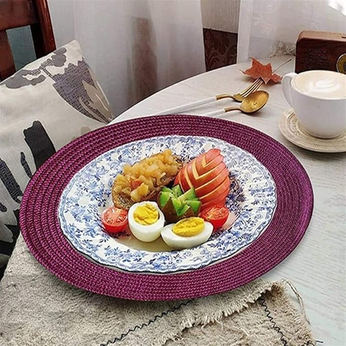 Round Table Mat Braided Woven Set of 4 Woven Placemats Heat Non-Slip for Kitchen Indoor and Outdoor 15 Inch(PPR Dark Coffee,Round_38CM 4PCS)