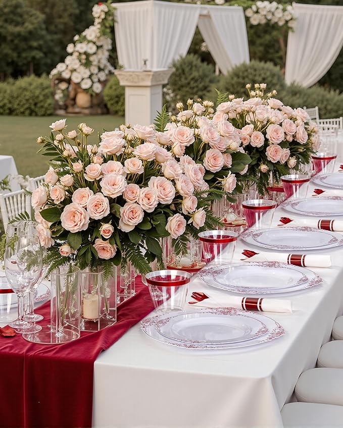 Nervure 350PCS Red Plastic Plates - White Red Plastic Dinnerware Set for 50 Guests - 100 Red Disposable Plates, 50 Pre Rolled Cutlery Set, 50 Cups Perfect for Wedding & Party & Valentine