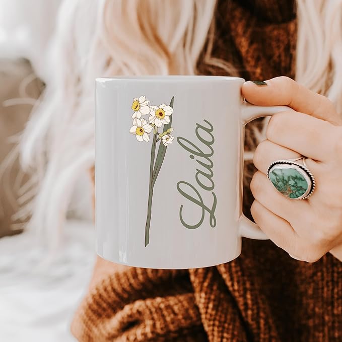 moonloom Personalized Coffee Mugs With Names & Birth Flowers Gifts, Customized Birth Month Flower Teacup 11 Or 15 Oz White Ceramic Mug Birthday Gifts (Bithflower- Vertical, White)