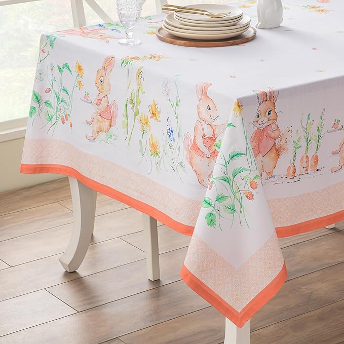 Maison d' Hermine Table Cloth Rectangle Table 100% Cotton 70 x 108 Inches Tablecloth Reusable Decorative for Dining Room Farmhouse Home Valentines Day Decorations Spring Summer - Bunny Party