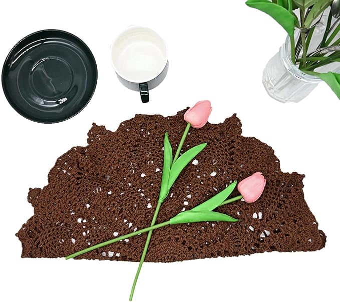 BIBITIME Lace Tablecloth Doily Handmade Crochet Placemat Women Vase Mat Kitchen Table Runner (2PCS- 18 in to 20 in, Coffee)