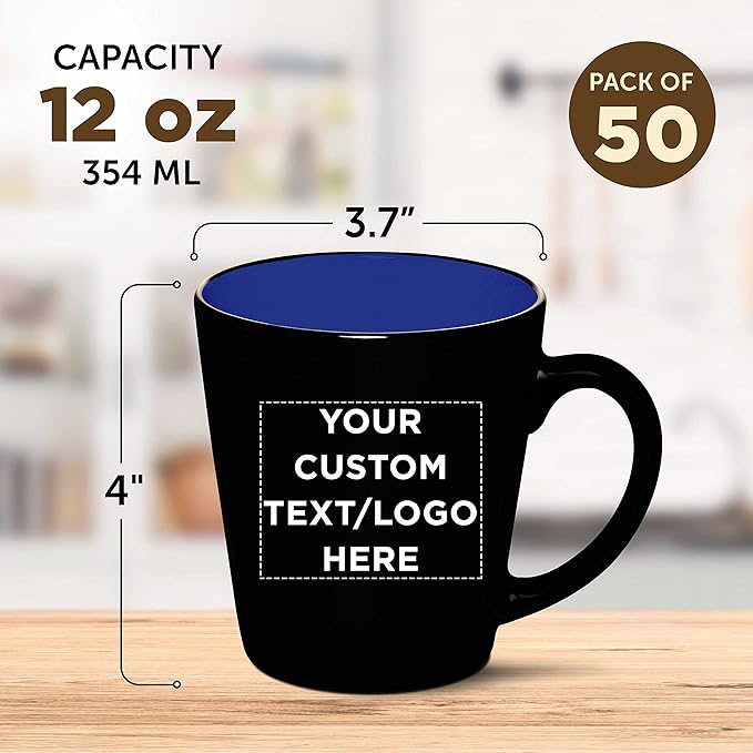 Custom Ceramic Coffee Latte Mugs 12 oz. Set of 50, Personalized Bulk Pack - Perfect for Coffee, Tea, Espresso, Hot Cocoa, Other Beverages - Royal Blue