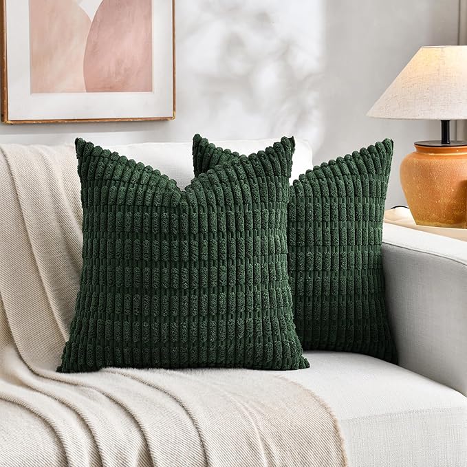 Fancy Homi Set of 4 Green Boho Winter Decorative Throw Pillow Covers 28x28 Inch for Couch Bed Sofa, Aesthetic Modern Bohemian Room Decor, Fuzzy Fluffy Cozy Corduroy Textured Cushion Case 71x71cm