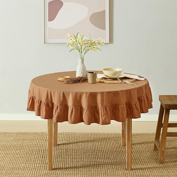MONDAY MOOSE Ruffle Farmhouse Rustic Round Natural Stonewashed Cotton Tablecloth for Kitchen, Dining Room, Restaurant (60" Round, Cinnamon)