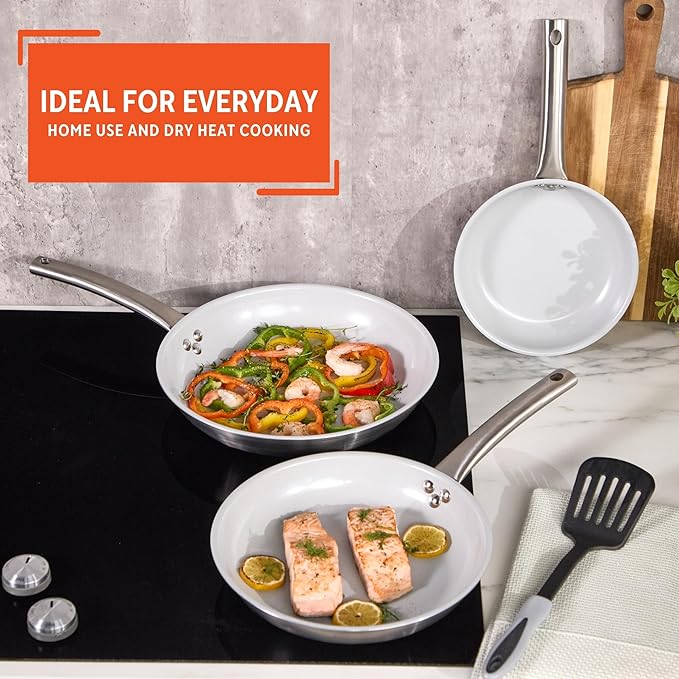 IMUSA 3-Piece Fry Pan Set 8”, 10” & 12” | Ceramic Nonstick Stainless Steel Induction Cookware | Aluminum Skillet Set for Frying, Sautéing & Stir Fry | Oven Safe Cookware with Comfortable Handles