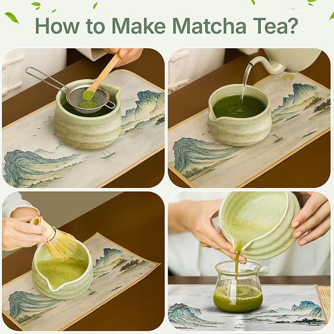 Matcha Whisk Set, Matcha Kit with Ceramic Matcha Bowl and Whisk, Japanese Matcha Set – 7 Piece Matcha Tea Set with Bamboo Chasen, Sifter, Scoop, Holder & Tea Towel, Christmas Gift for Matcha Lovers