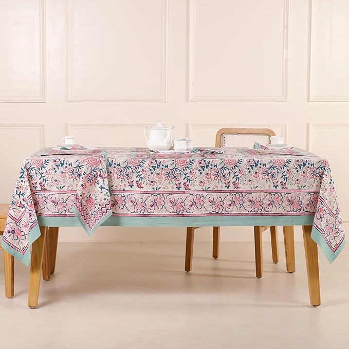 Hand Block Printed Table Cover - Exquisite Design, Premium Cotton Fabric, Perfect for Dining and Decor, Dining Table Linen(Salmon Pink,10 Seater 70 x 118 Inches Rectangle)
