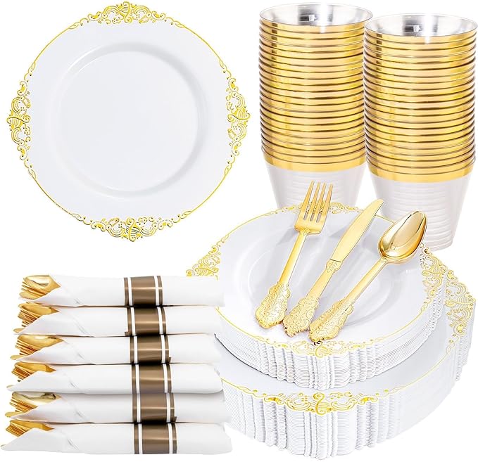Nervure 175PCS Gold Plastic Plates - Disposable White Gold Party Plates & Pre Rolled Napkins with Cutlery for 25 Guests, 50Plates, 75Silverware, 25Cups, 25Napkin for Wedding & Party