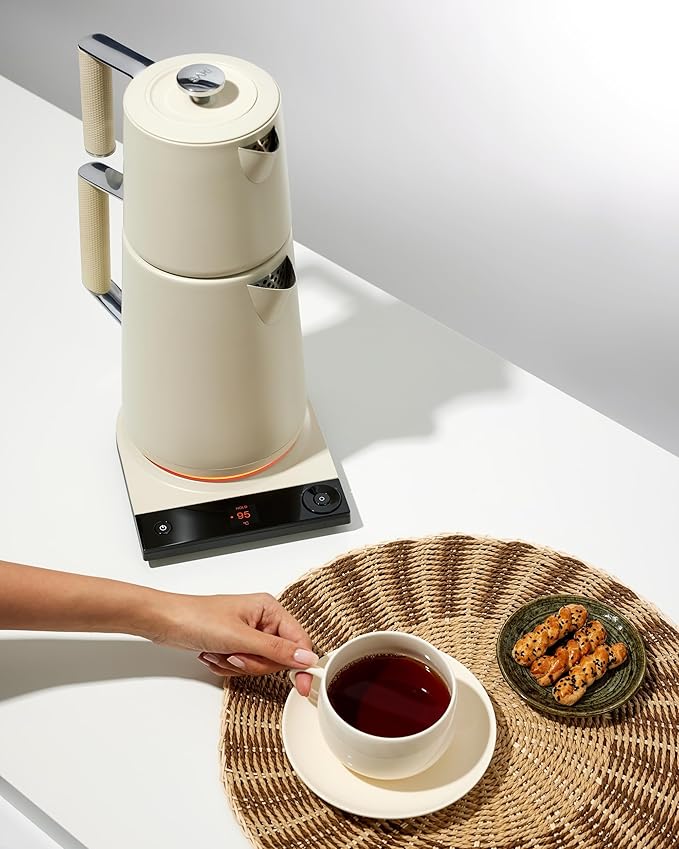 Saki Turkish Tea Maker Machine Pro, Electric Double-Pot Teapot 1.75L 120V, 120 Min Keep-Warm, Stainless Steel BPA-Free, Auto Shut-Off & Boil-Dry, LED Brew Ring, Pearl White