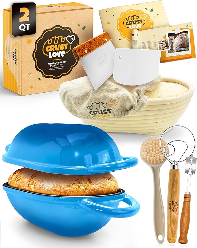 Loaf Pan for Bread Baking - incl. Sourdough Bread-Baking Supplies like Banneton Bread-Proofing Basket - 2QT Enameled Oval Cast Iron Dutch Oven, Bread-Oven, Sour Dough Bread-Banking-Pan Tools