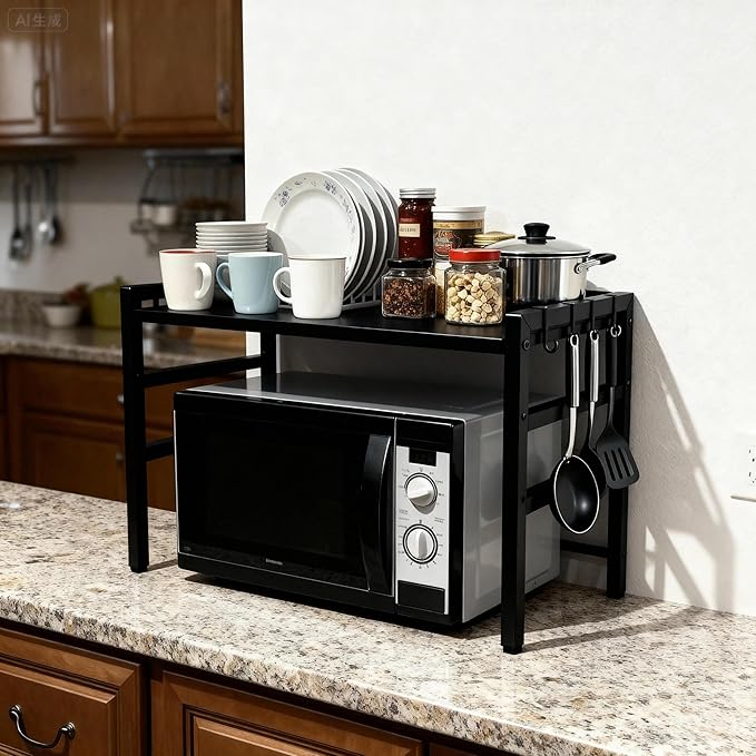 Microwave Oven Rack, Microwave Shelf Expandable Microwave Stand Countertop Kitchen Utensils, Bakers Rack, Carbon Steel Over Microwave Shelf Countertop with 6 Hooks (Black, 2 Tier)