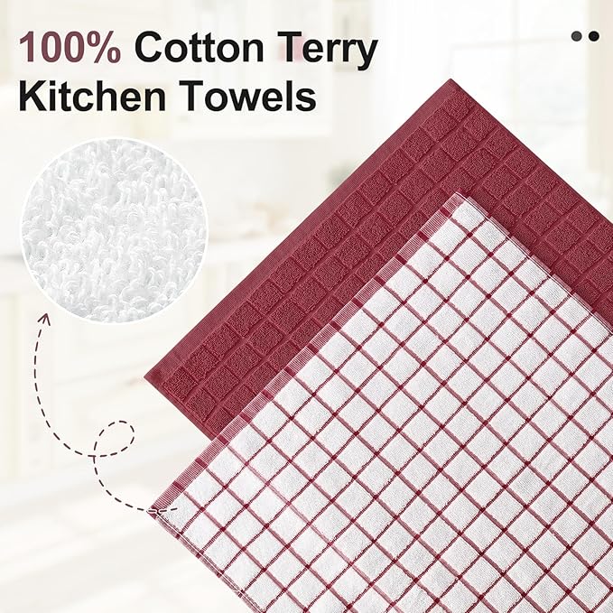 Homaxy Premium Cotton Kitchen Towels 16"x 28", Large Natural Ring Spun 390 GSM Dish Towels, Super Absorbent Terry Kitchen Hand Towels, Soft Tea Towels with Hanging Loop, Red Check Design,12 Pack