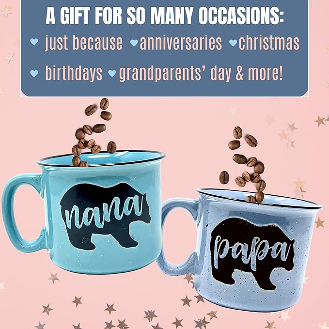 Brooke & Jess Designs Nana and Papa Bear Cute 15 oz Coffee Mugs for Grandma and Grandpa, Mother's Day, Father's Day Birthday (Nana Bear Teal and Papa Bear Light Blue Gift Set)